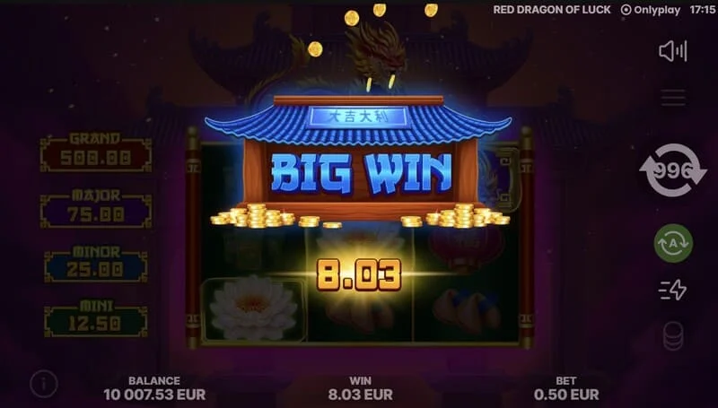 Red Dragon of Luck - schermata principale con griglia 3x3 e drago rosso